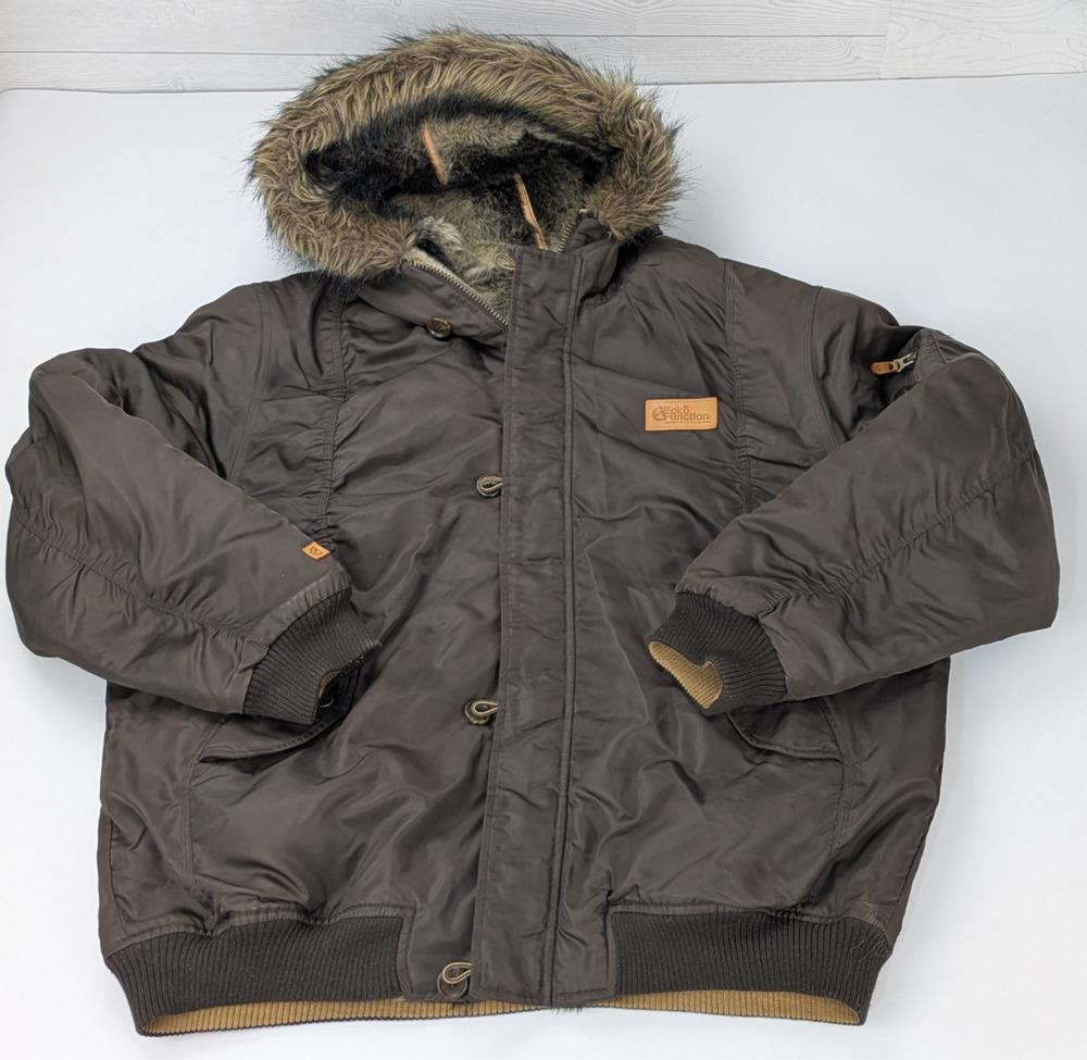 Vintage Ecko Bomber Nylon Brown Coat Full Zip Mens XL Faux Fur Lined w/Hood Y2K